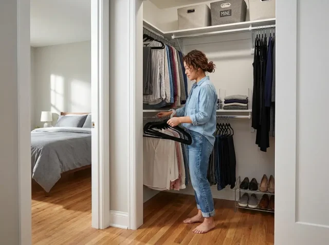 Korean woman organizing a shared reach-in closet with velvet hangers and divided sections