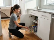 Why Your Deep Kitchen Cabinets Get Messy Again Woman kneeling at open deep kitchen cabinet pulling out a bin of organized items