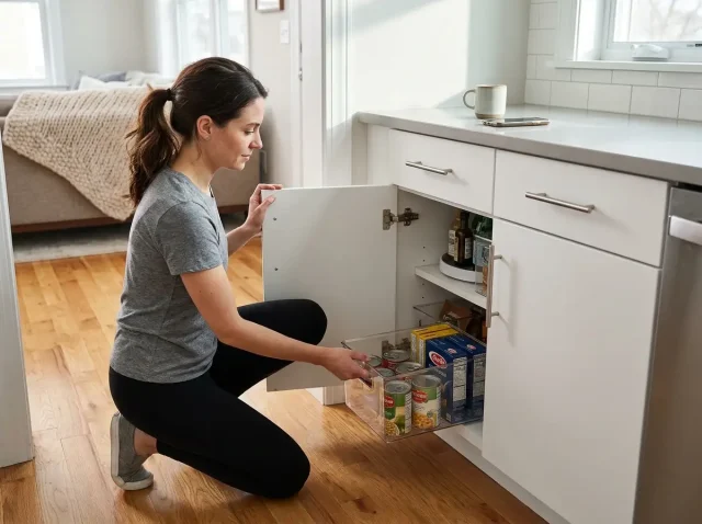 Woman kneeling at open deep kitchen cabinet pulling out a bin of organized items