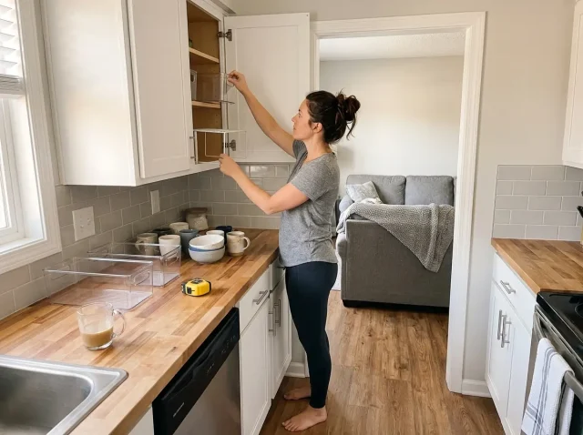 Woman organizing kitchen cabinets with bins and shelf risers on the counter