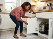 Why Your Pots and Pans System Falls Apart in a Month Woman in small apartment kitchen organizing pots and pans in a lower cabinet