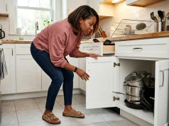 Why Your Pots and Pans System Falls Apart in a Month Woman in small apartment kitchen organizing pots and pans in a lower cabinet