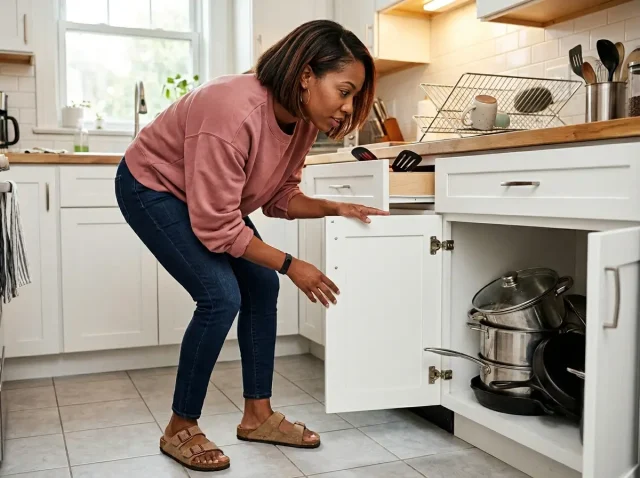 Woman in small apartment kitchen organizing pots and pans in a lower cabinet