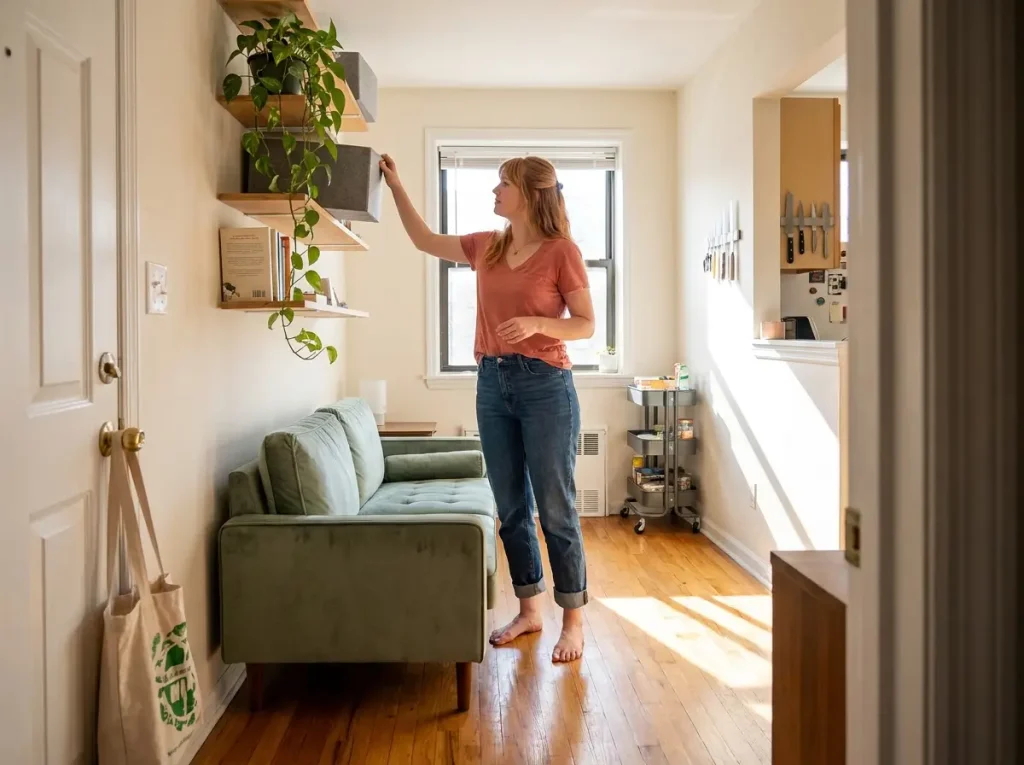 Organized small apartment living room with storage ottoman, floating shelves, and clear zones