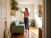How to Organize a Small Apartment That Stays Neat Organized small apartment living room with storage ottoman, floating shelves, and clear zones