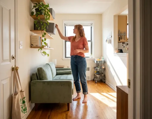 How to Organize a Small Apartment That Stays Neat Organized small apartment living room with storage ottoman, floating shelves, and clear zones