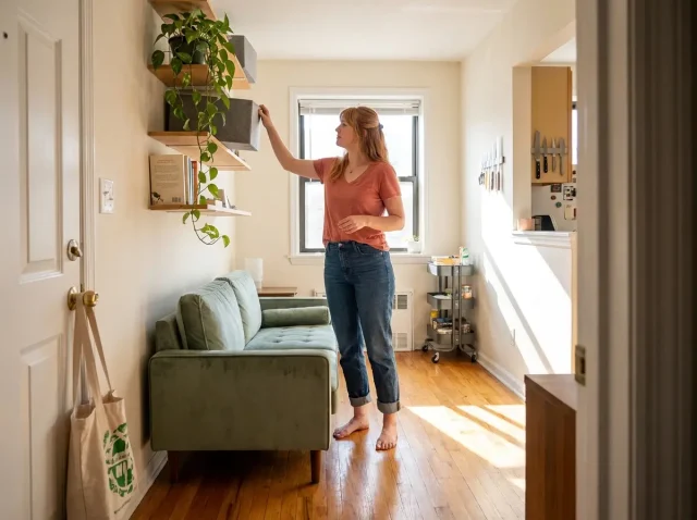 Organized small apartment living room with storage ottoman, floating shelves, and clear zones