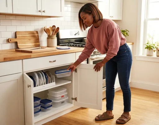 How to Organize Tupperware (So the Lids Match) Food container cabinet organized with vertical lid organizer and nested Rubbermaid containers