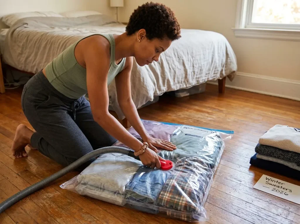 Woman sealing vacuum storage bag with vacuum hose removing air from folded clothes on bedroom floor