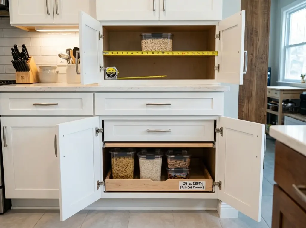 Kitchen cabinet depth comparison showing 12-inch upper cabinet versus 24-inch lower cabinet for food container storage