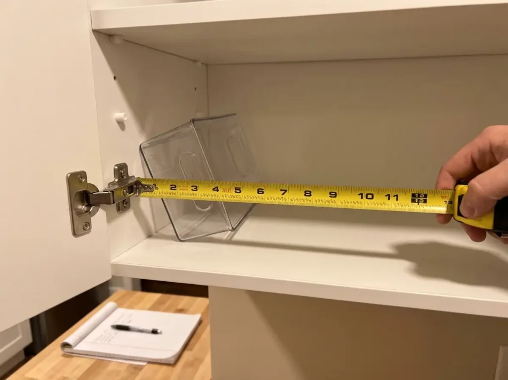 Measuring tape inside kitchen cabinet showing depth and hinge clearance