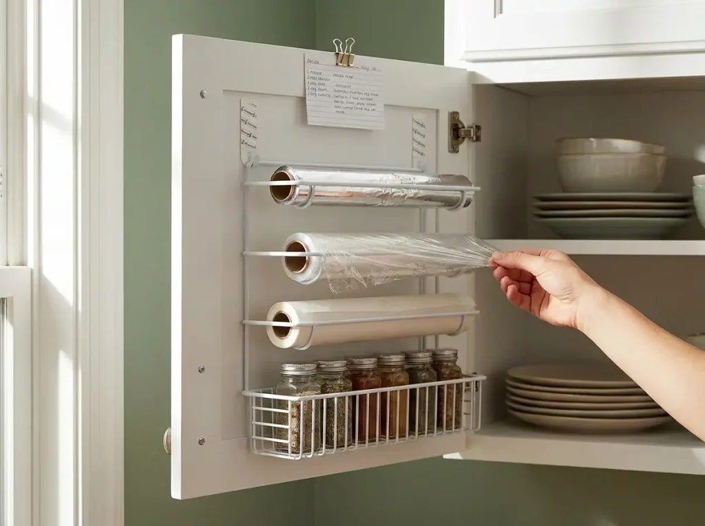 back of kitchen cabinet door with mounted organizer rack holding wraps and spices
