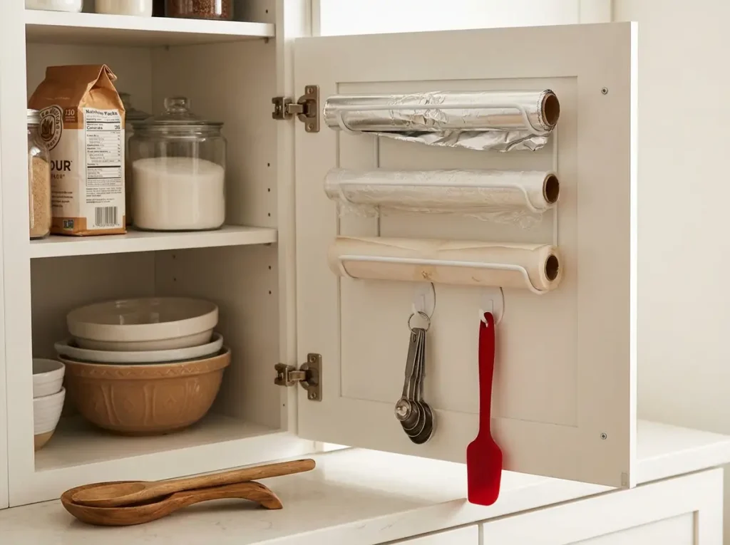 Kitchen cabinet door with mounted wrap organizer holding foil and plastic wrap