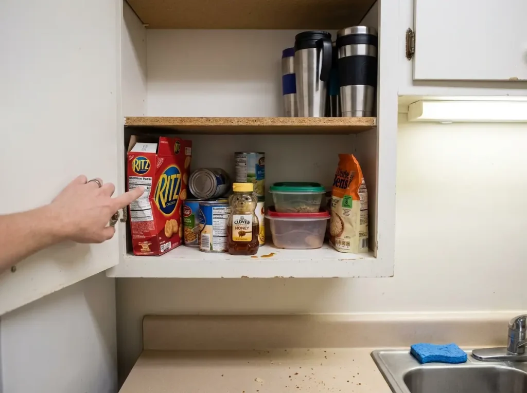 messy kitchen cabinet with items stacked haphazardly and falling over