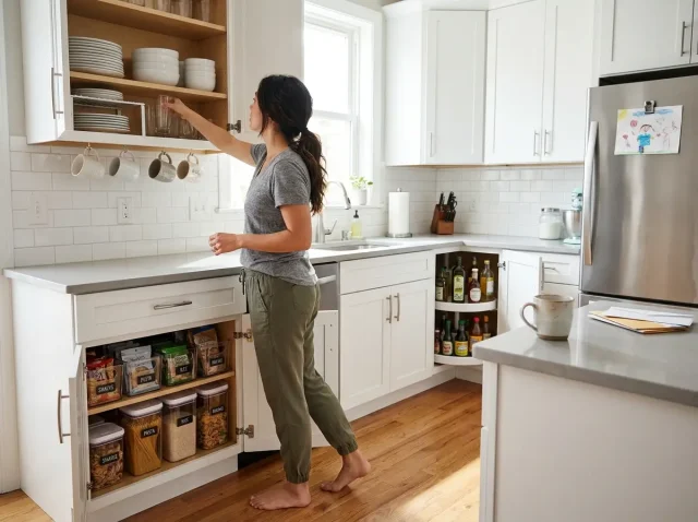 organized kitchen cabinets with bins shelf risers and turntable in a bright apartment kitchen