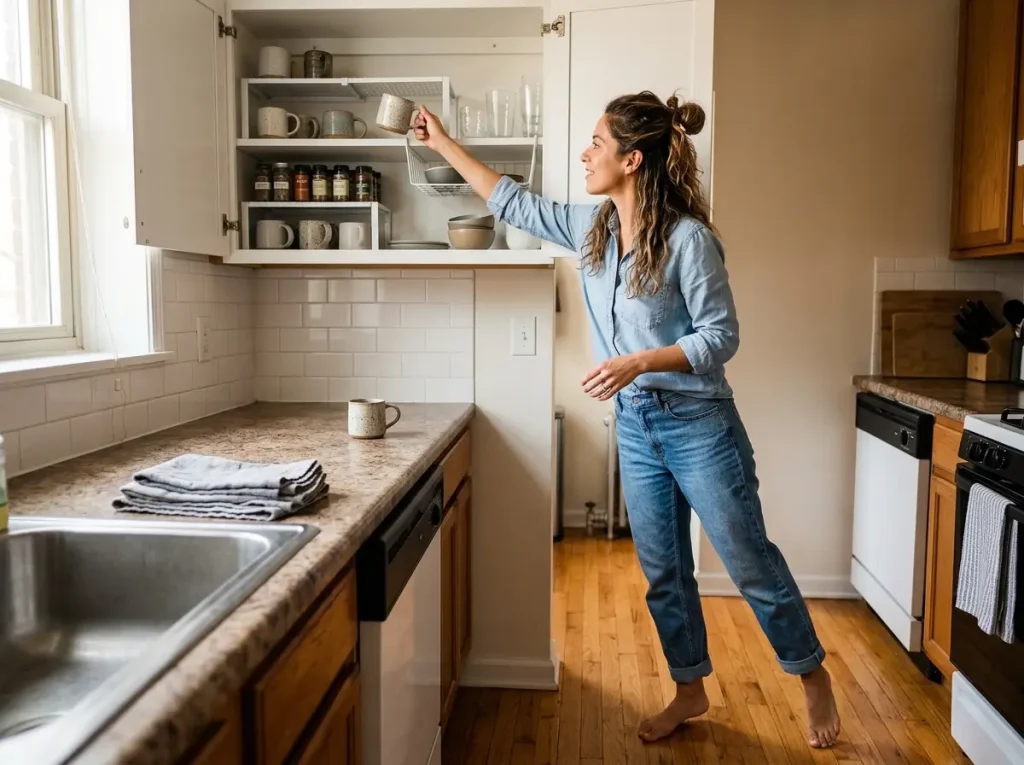 Latina woman organizing rental kitchen cabinets with shelf riser and wire basket, no tools needed