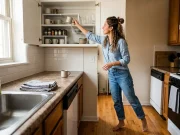 No-Drill Kitchen Cabinet Organization for Renters Latina woman organizing rental kitchen cabinets with shelf riser and wire basket, no tools needed