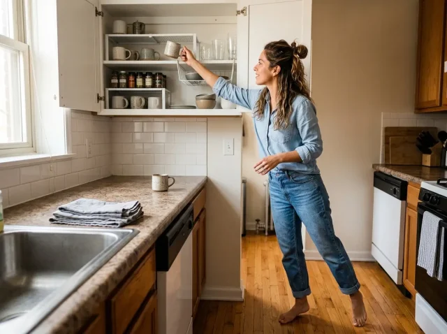 Latina woman organizing rental kitchen cabinets with shelf riser and wire basket, no tools needed