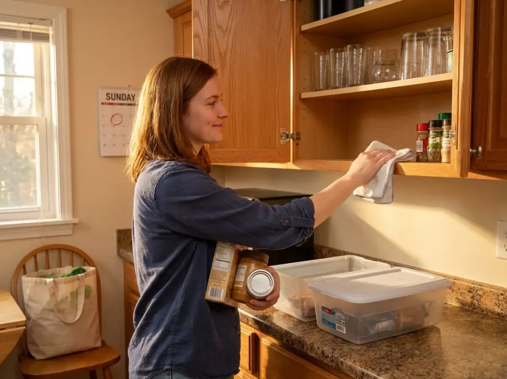 person wiping kitchen cabinet shelf during weekly organization maintenance reset