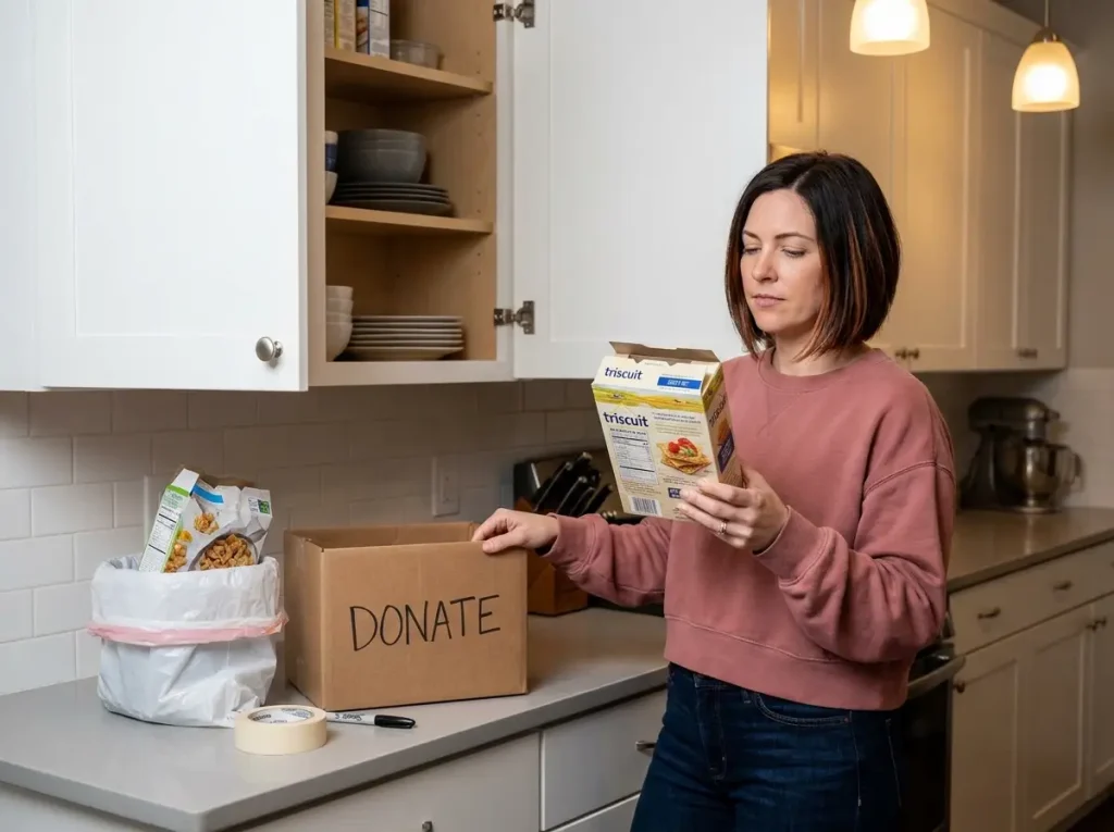 Woman evaluating expired pantry item in kitchen cabinet during declutter session