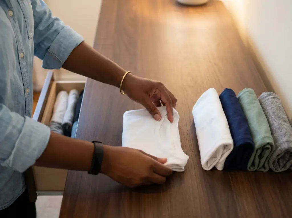 KonMari Method in 6 Steps (and How to Actually Finish) 7 Hands demonstrating KonMari file fold on t-shirt, with row of standing folded clothes in drawer