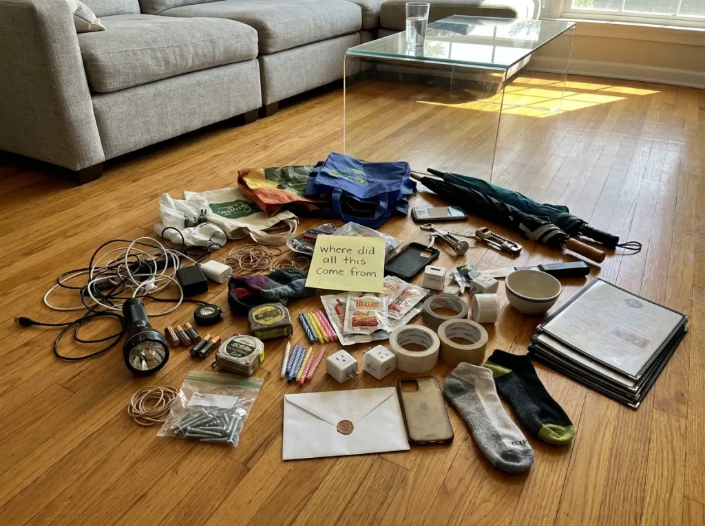 KonMari Method in 6 Steps (and How to Actually Finish) 9 Overwhelming pile of miscellaneous komono items spread across living room floor during KonMari category decluttering