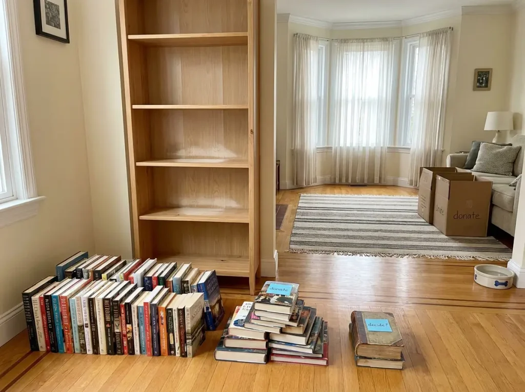 KonMari Method in 6 Steps (and How to Actually Finish) 1 Empty bookshelf with all books removed and sorted in piles on floor for KonMari category tidying