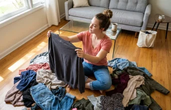 KonMari Method in 6 Steps (and How to Actually Finish) Woman sitting cross-legged on hardwood floor surrounded by large pile of clothing, beginning the KonMari method