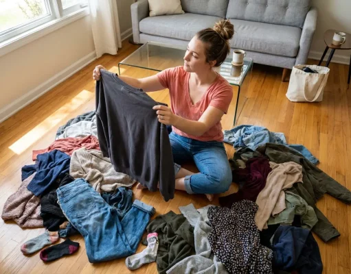 KonMari Method in 6 Steps (and How to Actually Finish) Woman sitting cross-legged on hardwood floor surrounded by large pile of clothing, beginning the KonMari method