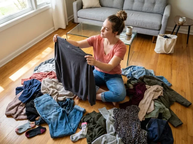 konmari-method-clothes-pile-spark-joy-start Woman sitting cross-legged on hardwood floor surrounded by large pile of clothing, beginning the KonMari method