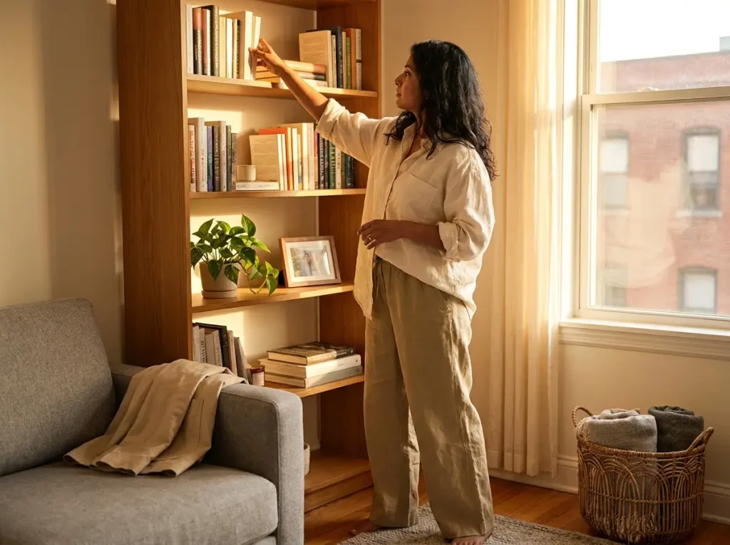 KonMari Method in 6 Steps (and How to Actually Finish) 11 Woman placing a book on a curated, organized bookshelf in a KonMari-maintained living room