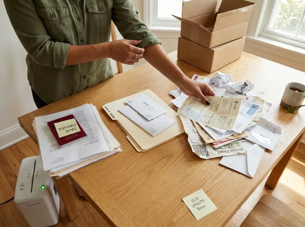 KonMari Method in 6 Steps (and How to Actually Finish) 5 Close-up of hands sorting papers into keep and discard piles on dining table, KonMari papers category