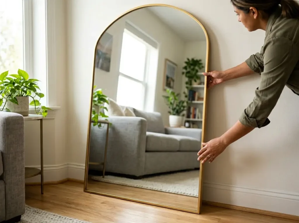 Hands positioning a large arched floor mirror in apartment living room corner near window
