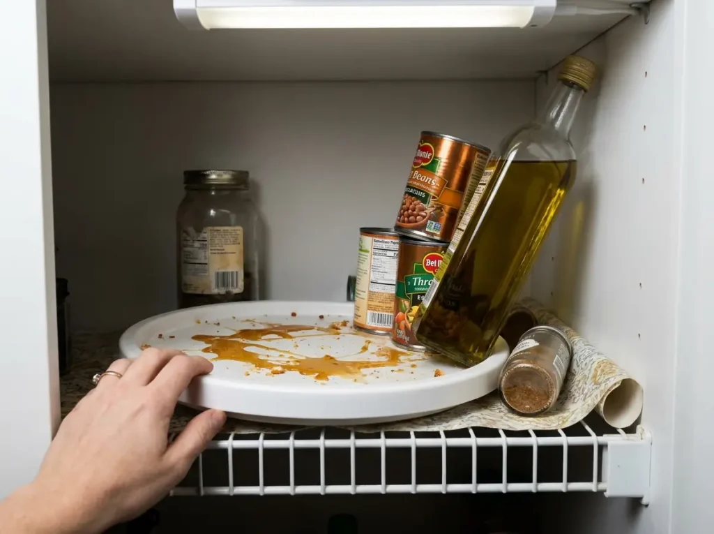 Cluttered lazy susan turntable in a pantry with items falling off the edge