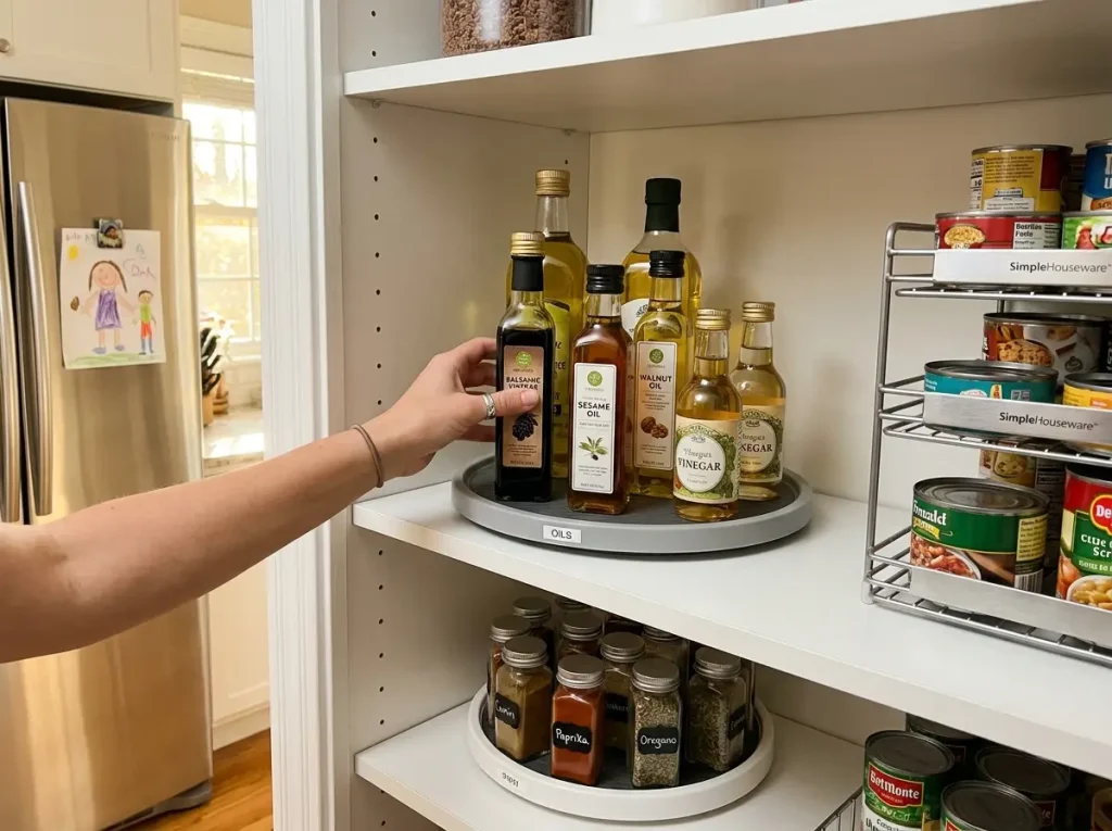 Organized turntable with cooking oils next to a shelf with canned goods stored separately