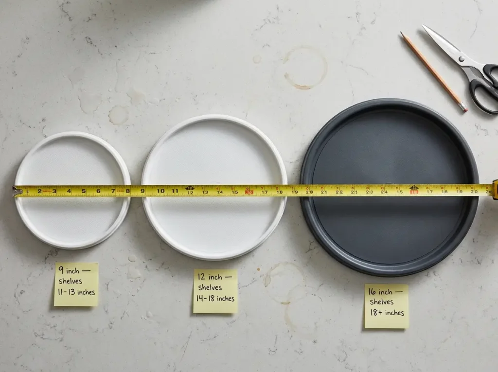 Three different sized lazy susan turntables on a counter with a tape measure