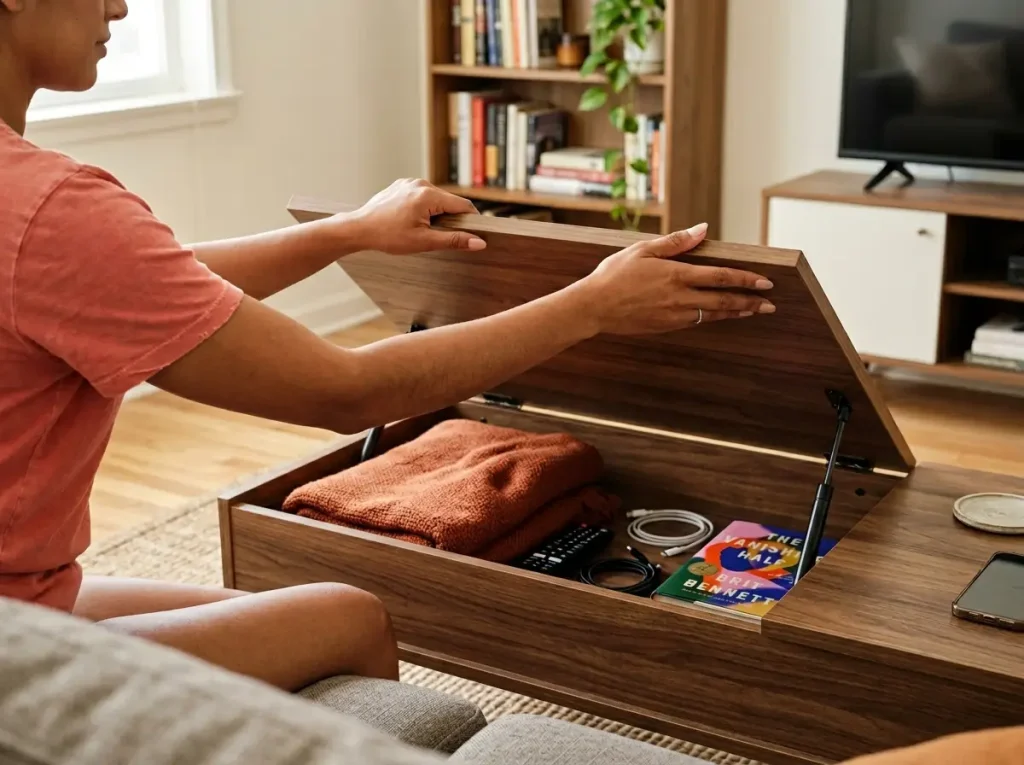 Hands lifting coffee table top to reveal hidden storage compartment holding blanket and remote controls