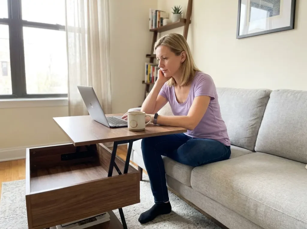 Woman working on laptop at lift-top coffee table raised to working height in small apartment living room