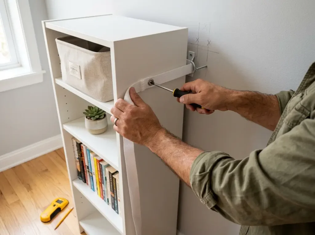 Hands anchoring narrow white bookshelf with anti-tip safety strap against light gray apartment wall, stud finder visible