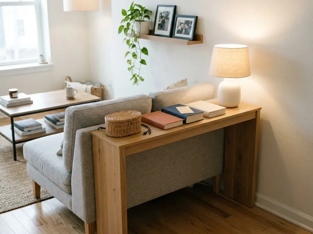 Narrow console table in gap between gray sofa and white wall holding lamp, books, and woven storage basket