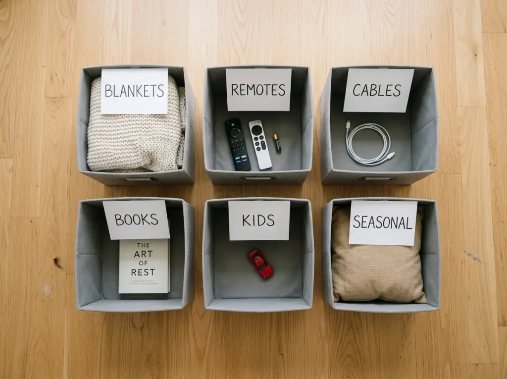 Six labeled neutral fabric storage bins flat-lay overhead showing one-category organization system for living room