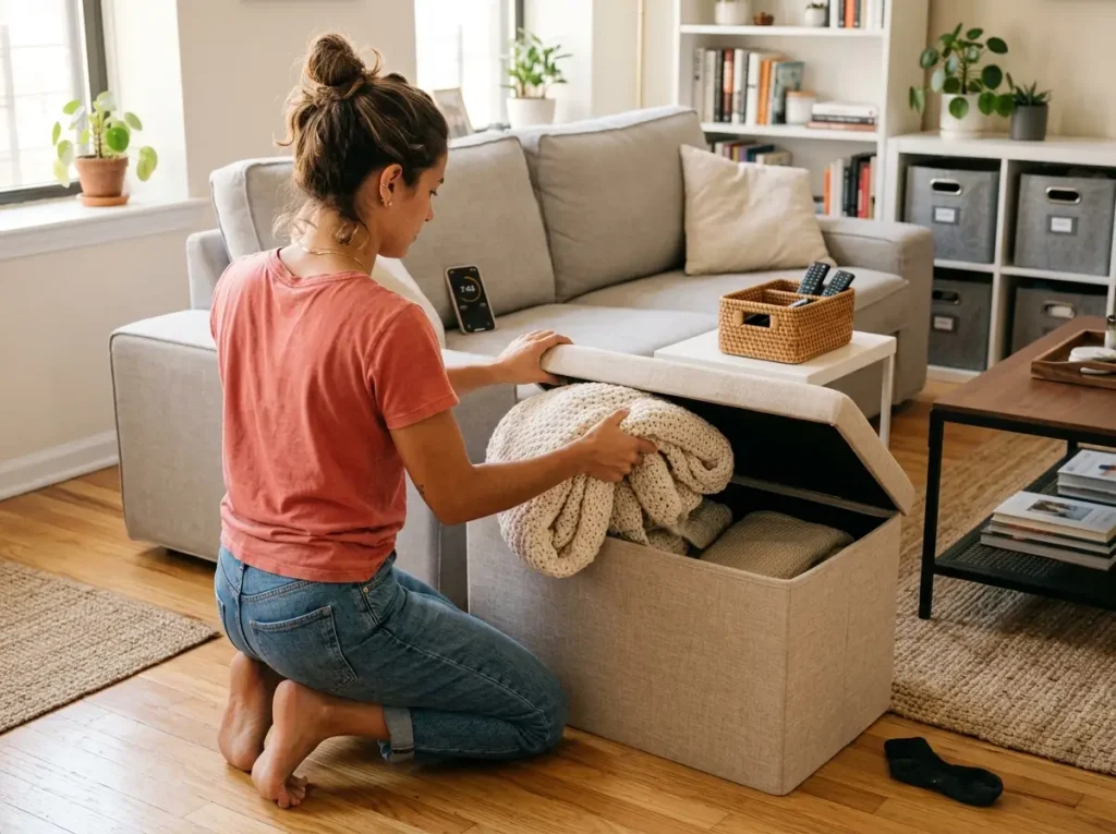 Brazilian woman kneeling beside linen storage ottoman in small living room placing throw blanket inside during ten-minute monthly reset