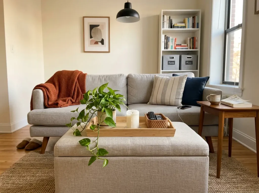 Linen storage ottoman as coffee table in small apartment living room with tray, plant, and throw blanket on sofa