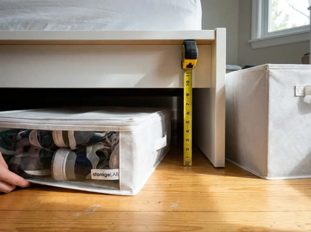 storageLAB ultra-thin container sliding under platform bed showing 4.5 inch clearance measurement with tape measure on hardwood floor