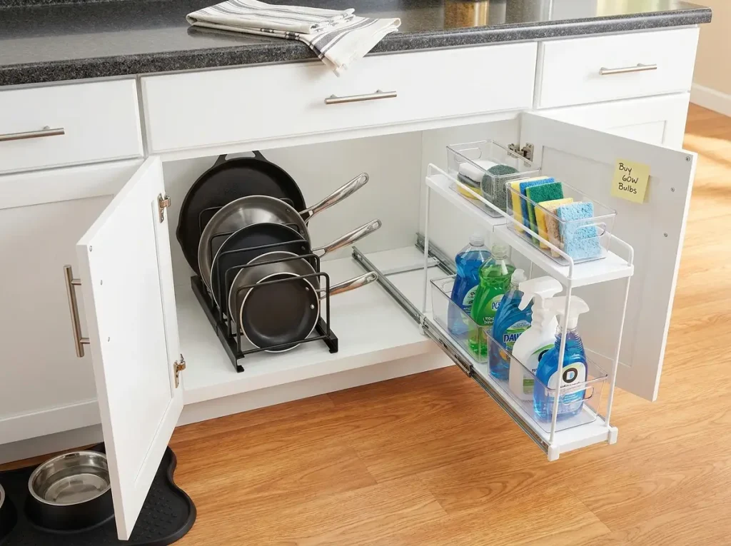 Organized lower kitchen cabinet with pull-out shelf and vertical pan storage