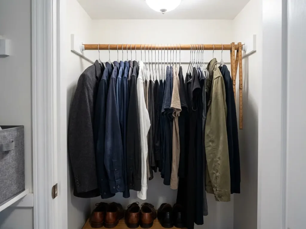 5 Slim Hangers Tested — One Freed 11 Inches of Rod 9 Mawa ultra-thin silver metal hangers in a compact reach-in closet showing maximum rod space utilization