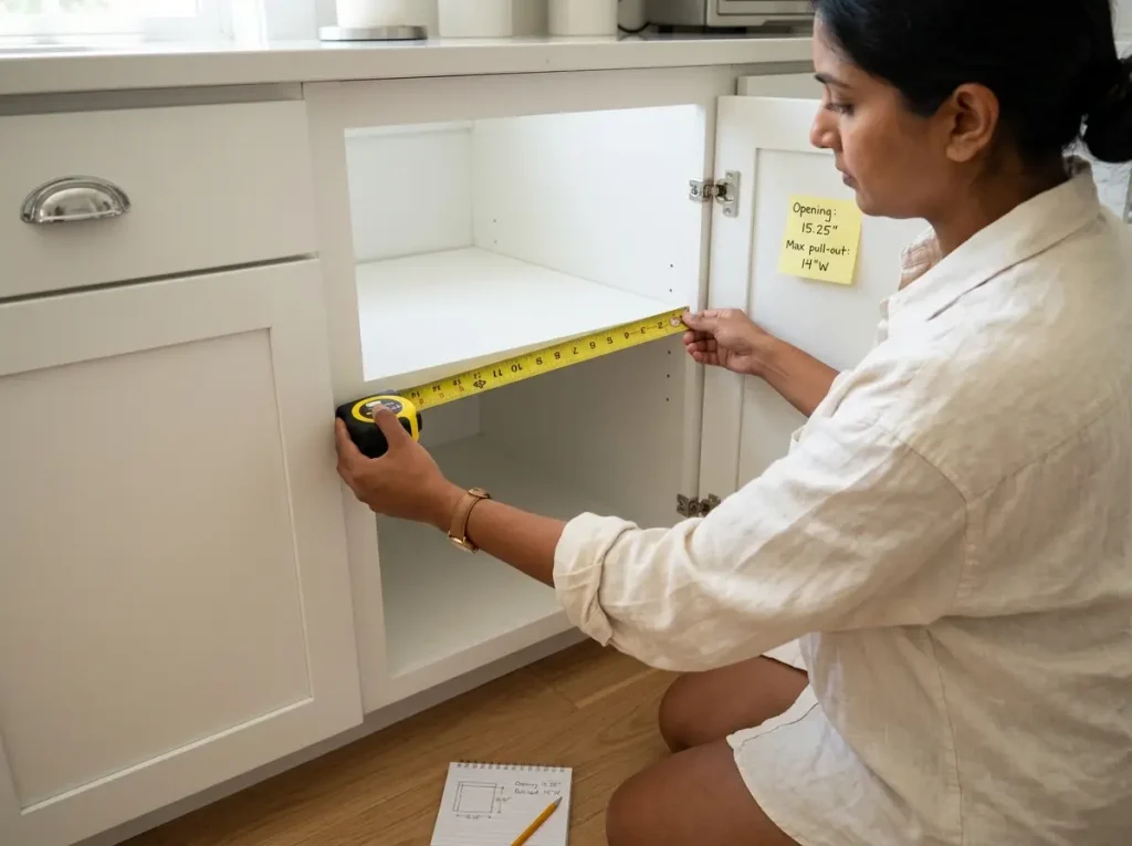 Measuring kitchen cabinet opening width with tape measure — face-frame interior clear opening