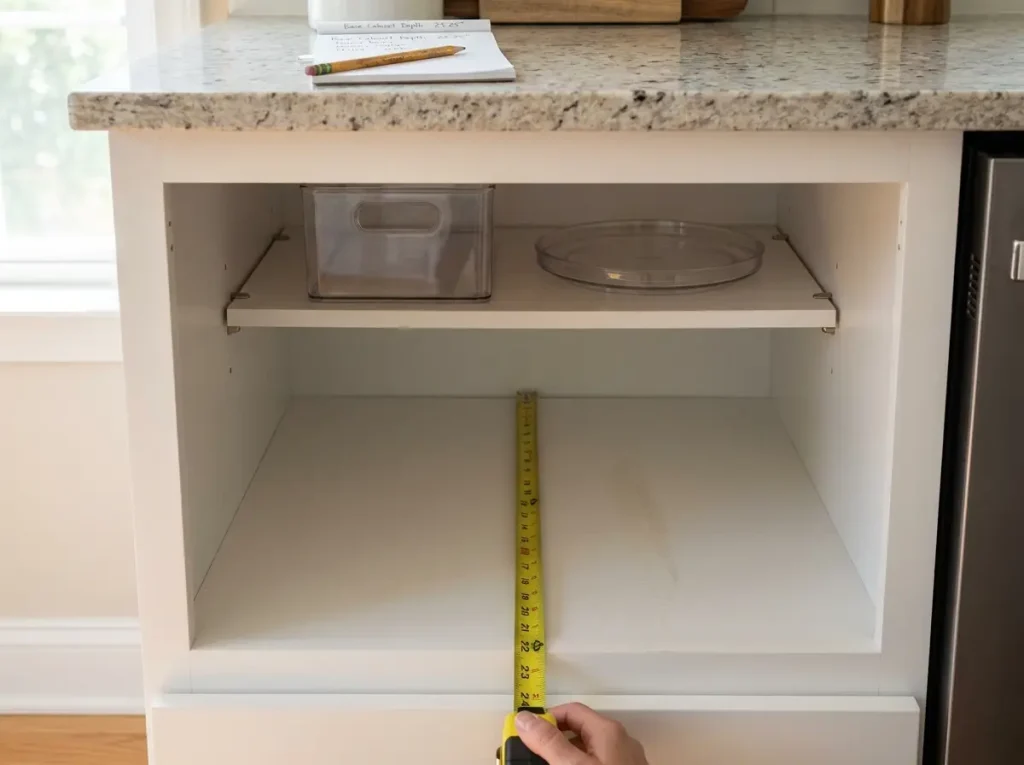 Tape measure inside deep kitchen cabinet measuring 23-inch interior depth