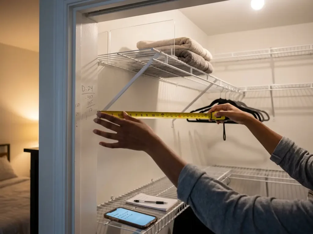 Hands holding tape measure across closet interior checking shelf depth and rod height