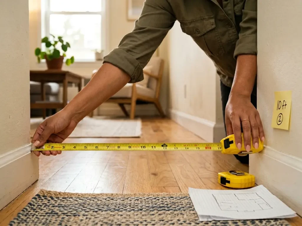 Hands measuring small apartment living room wall with tape measure before furniture layout
